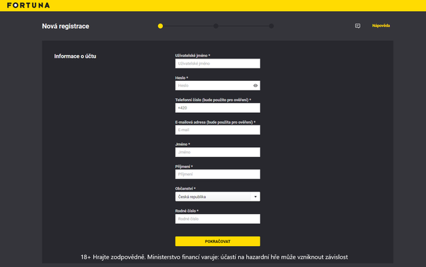 Nová registrace u Fortuny