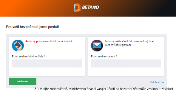 Potvrzovací a aktivační kód u Betana