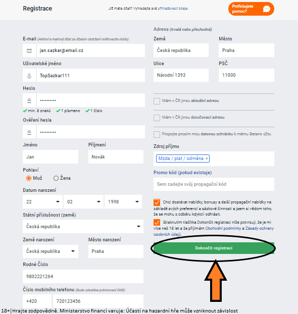 Registrační formulář - dokončit registraci