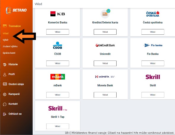 Vklad a výběr u Betano
