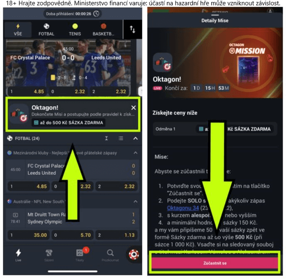 Postup přihlášení do Betano Oktagon mise na mobilu