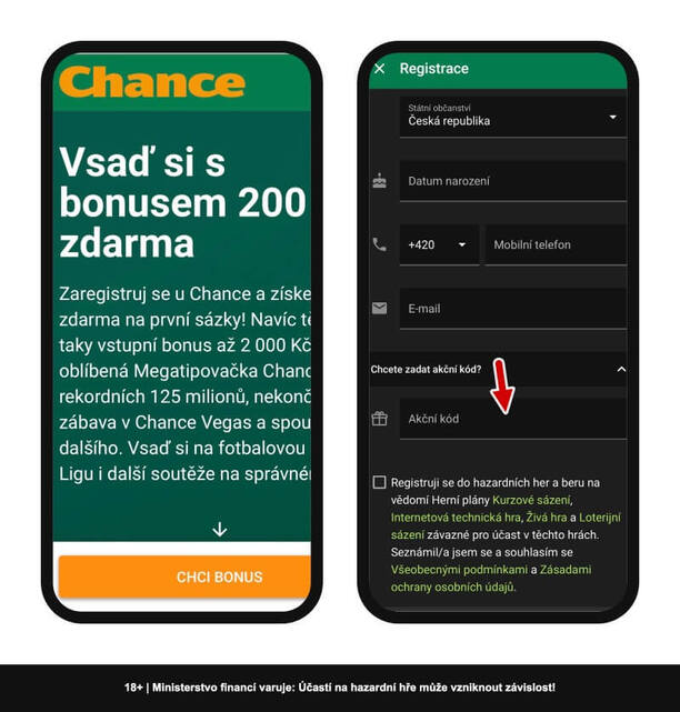 Zadání akčního kódu Chance při registraci