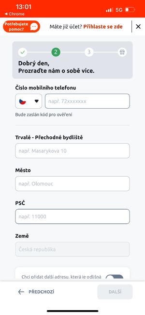 Druhý krok registrace u Betana na mobilu Druhý krok registrace u Betana na mobilu
