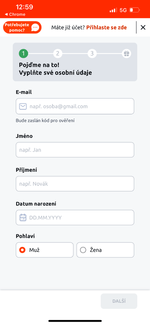 První krok registrace na mobilu u Betana První krok registrace na mobilu u Betana