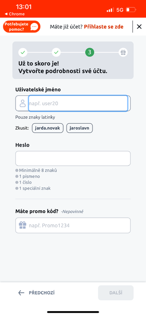 Třetí krok registrace u Betana Třetí krok registrace u Betana