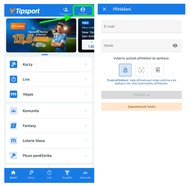 Přihlášení v&nbsp;mobilní aplikaci Tipsportu