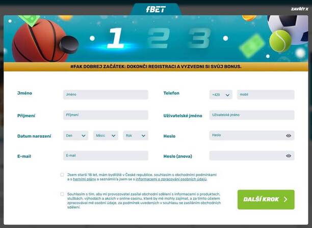 Registrační formulář fBet