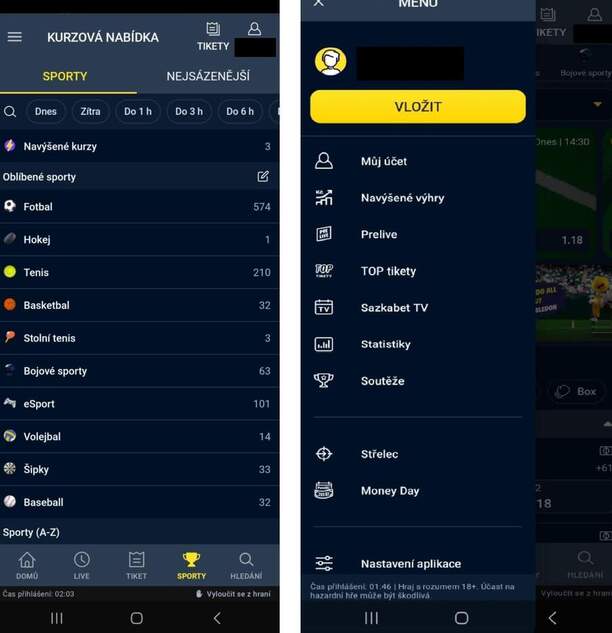 Mobilní aplikace Sazkabet kurzová nabídka