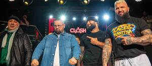 Všichni čtyři aktéři zápasu na tiskové konferenci. Zleva František Dirda, Tomáš Pollák, Michal Kotalík a Alexandr Cverna