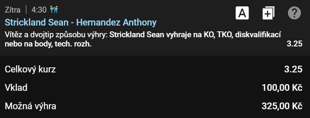 Tiket na vítězství Seana Stricklanda způsobem KO nebo TKO či na body