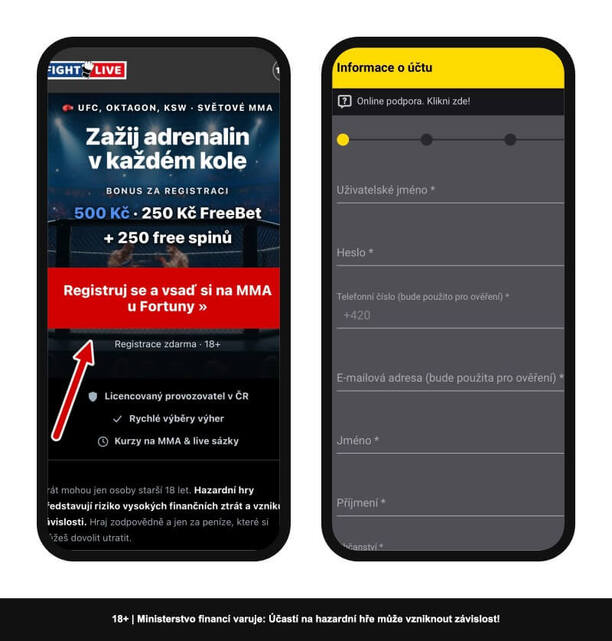 Registrace u&nbsp;Fortuny přes Fight-Live.cz